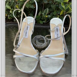 Jimmy Choo Silver Metallic Strappy Slingback Heels